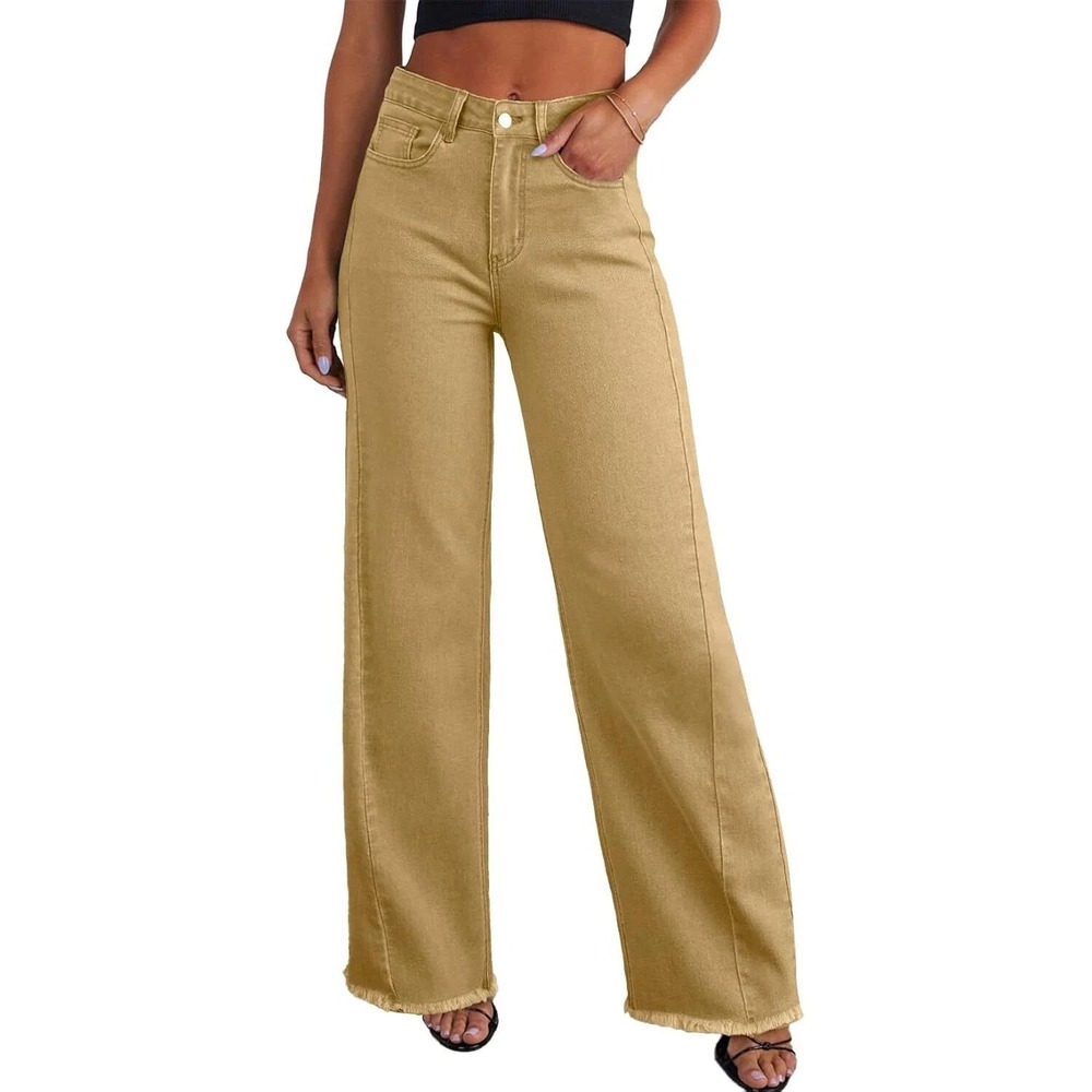 Oat High Rise Wide Leg Jeans Khaki Pants Size 12/31 Raw Hem